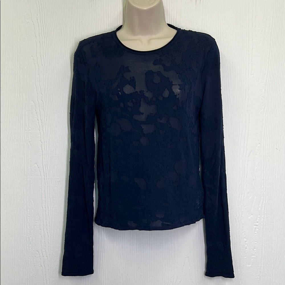 Zara - Navy Mesh Fun Print Long Sleeve Lightweight Blouse Size Large